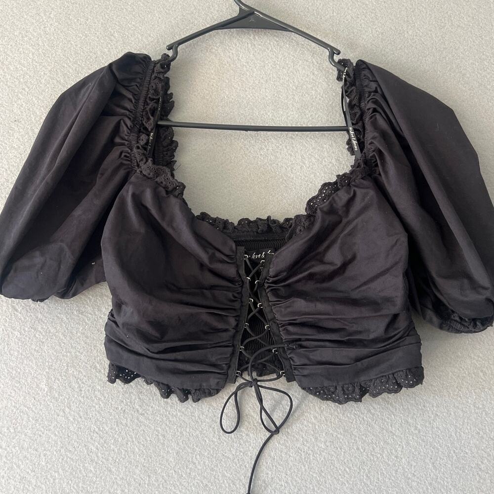 For Love & Lemon Lace Up Cotton Eyelet Puff sleeve Crop Top Blouse Black Small